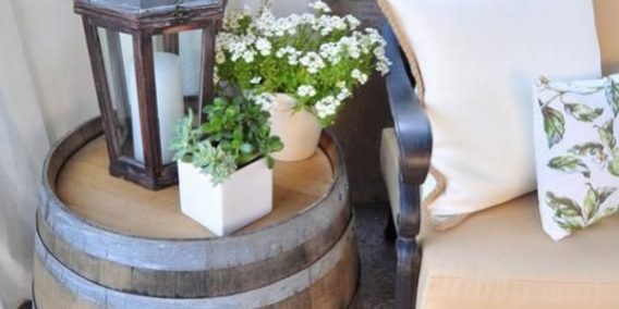 Used Oak Barrel as Side Table - Deck Decorating Ideas